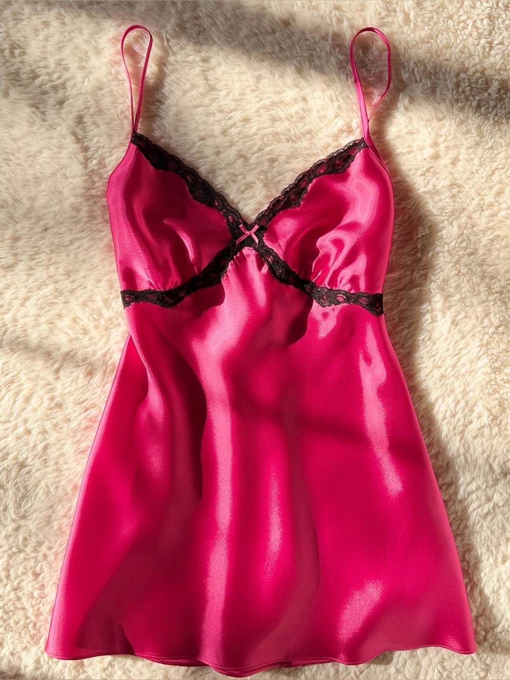 Y2K Vintage Babydoll Hot Pink Satin Cami Top Lace Trim Spaghetti Strap Women’s S